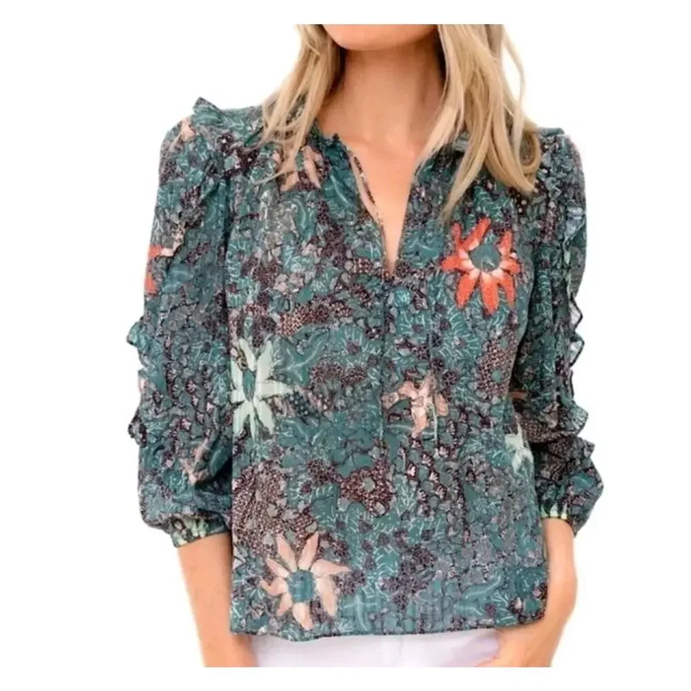 Ulla Johnson Manet Boho Top Size 8 Malachite Floral Ruffle Puff Sleeve Blouse
